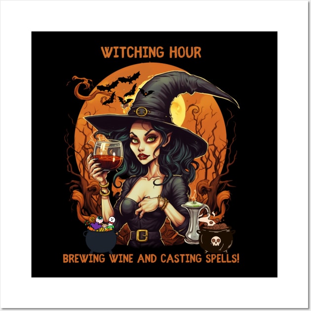 Witching Hour Brewing Tea and Casting Spells The Wine  Party Halloween Wall Art by Positive Designer